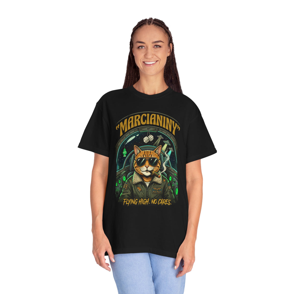 Marcianiny Cat Pilot T-Shirt — "Flying High, No Cares" Retro UFO Tee