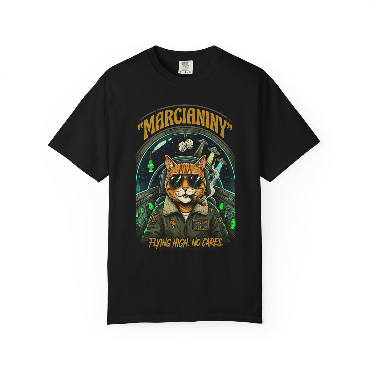 Marcianiny Cat Pilot T-Shirt — "Flying High, No Cares" Retro UFO Tee